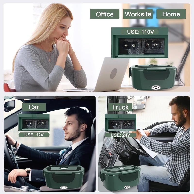 HOLDRUBY Electric Heated Lunch Boxes Adults: 80W Electric Lunch Box Food Heated 12/24/110V 1.5L Heatable Lunch Box for Car/Truck/Office Leak-Proof Stainless Steel Container,Fork & Spoon,Bag (Dark Green) - Image 2